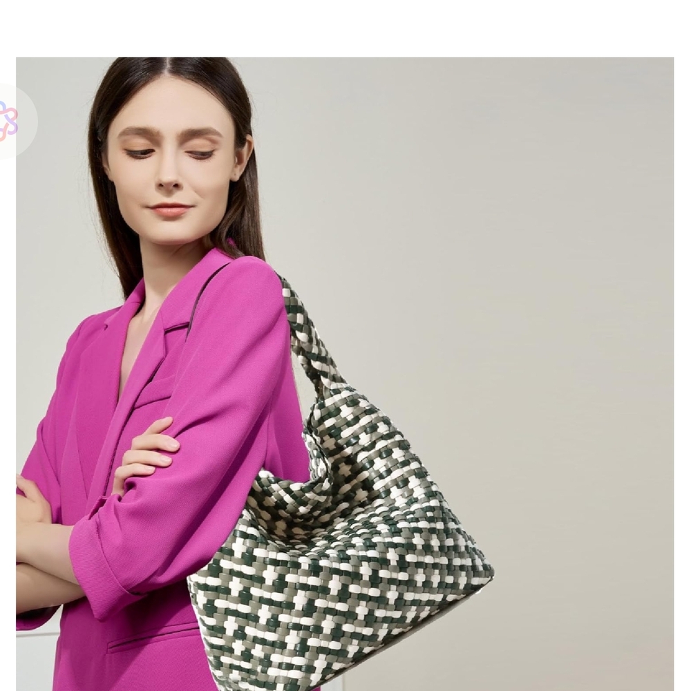 Stylish Vegan Leather Hand Woven Tote Bag Green Cream Handbag Shoulder Purse - Picture 12 of 15